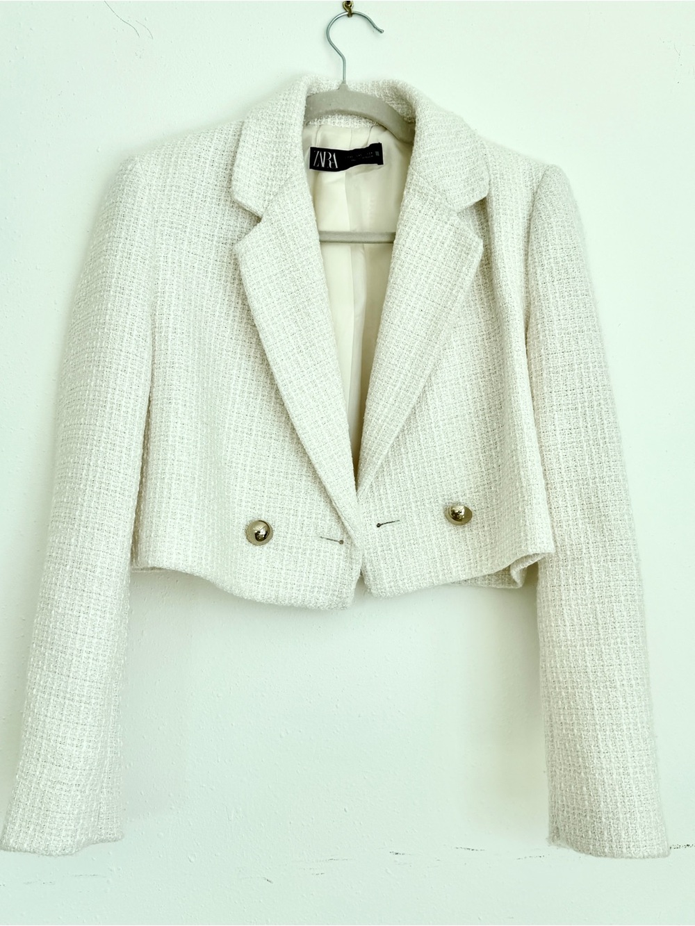 Zara Cream Cropped Tweed Blazer with Gold Buttons